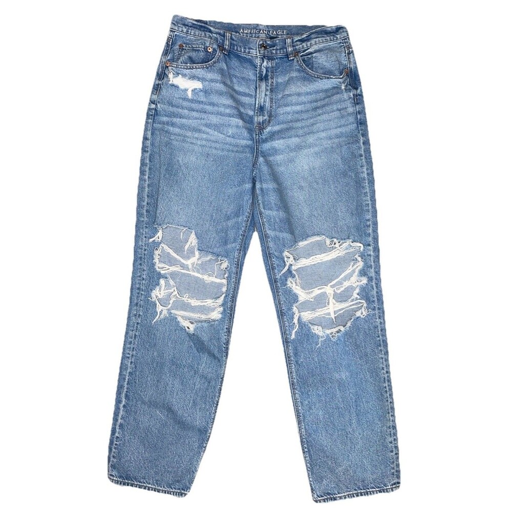 American Eagle Highest Rise Baggy Straight Jeans Size 14R Light Wash Distressed - Picture 2 of 14